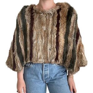 NWOT BNCI Womens Rabbit Angora Soft Striped Fur Poncho Coat Sz S